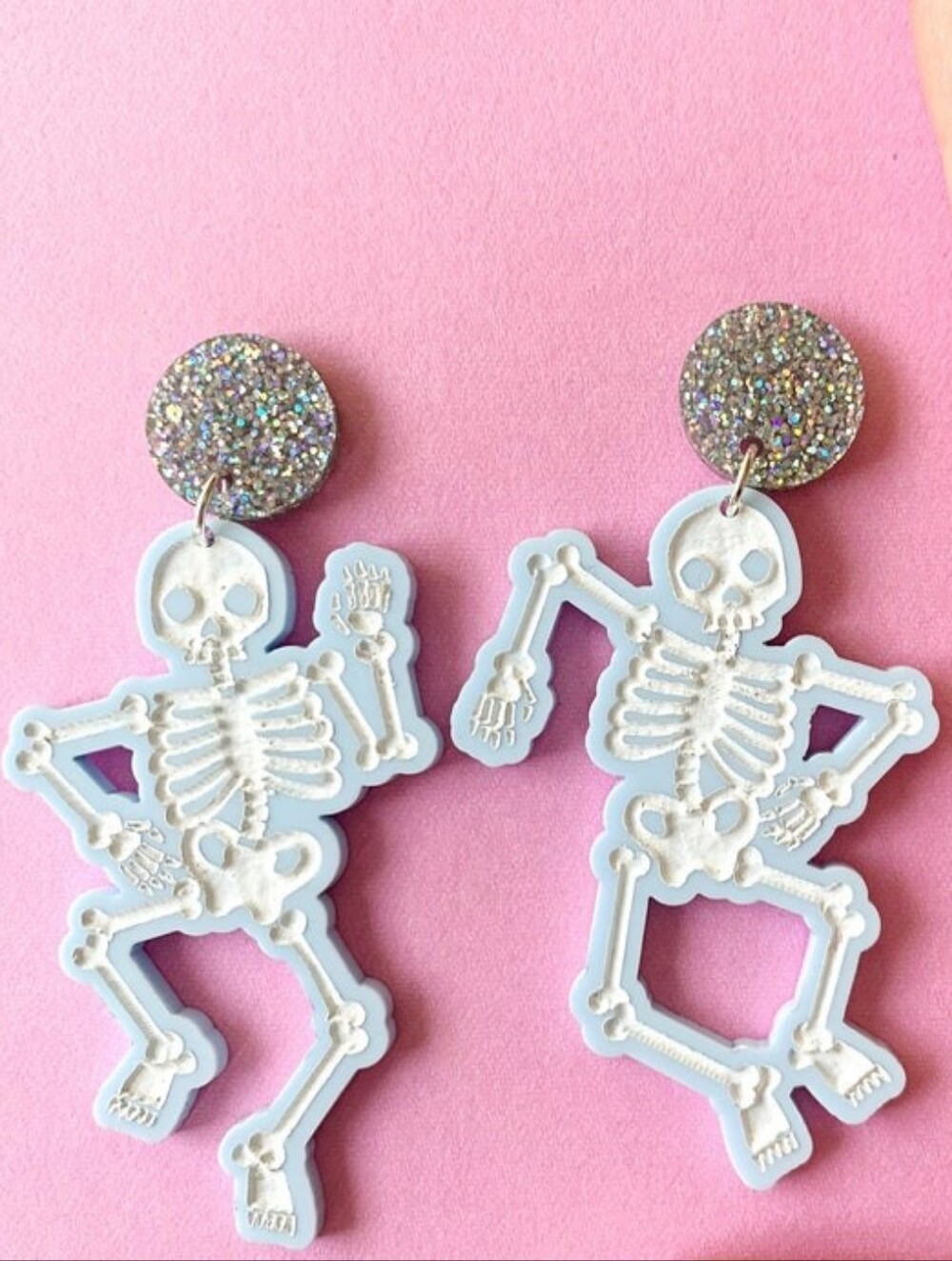 PAIGES UNLIMITED Pastel Blue Asymmetrical Dancing Skeleton Acrylic Earrings